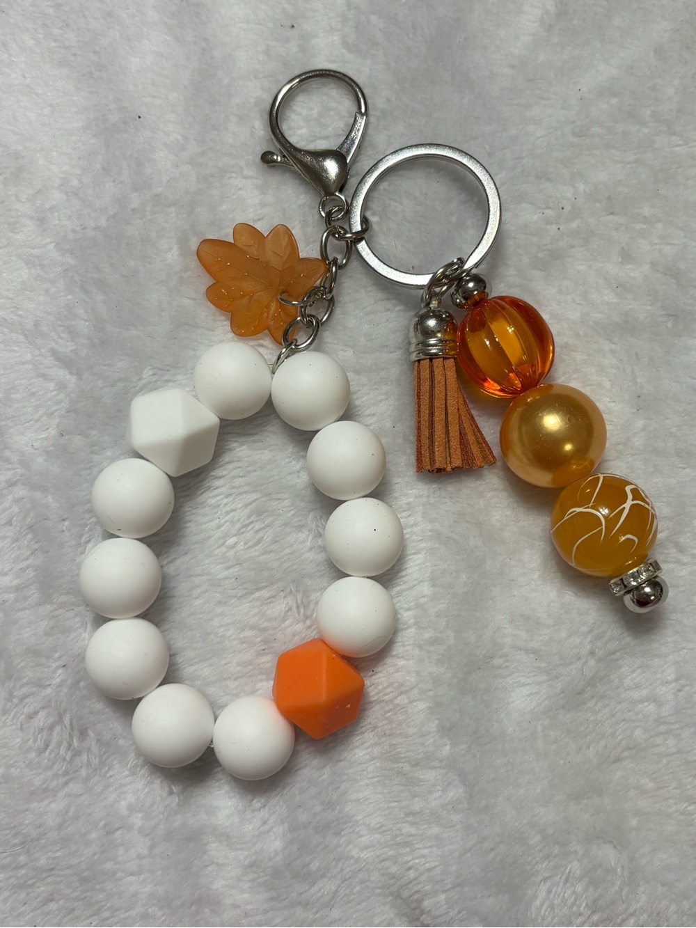 Stylish White and Orange Beaded Keychain Wristlet with Orange Tassel
